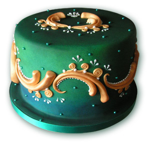 turquoise green and gold anniversary cake